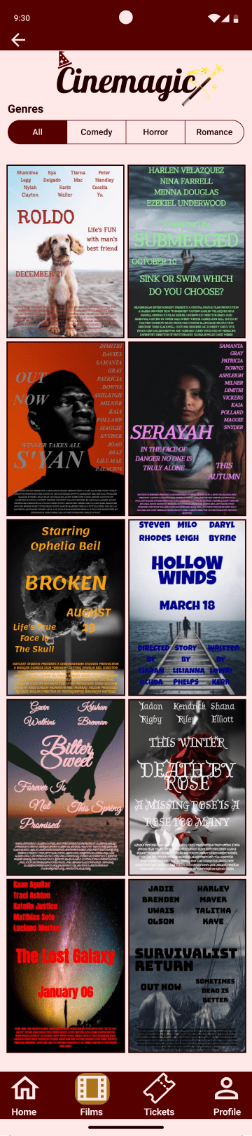 Cinemagic 'android-films' hi fidelity wireframe.