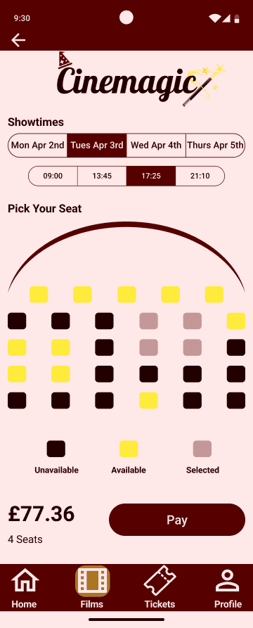 Cinemagic 'android-booking' hi fidelity wireframe.