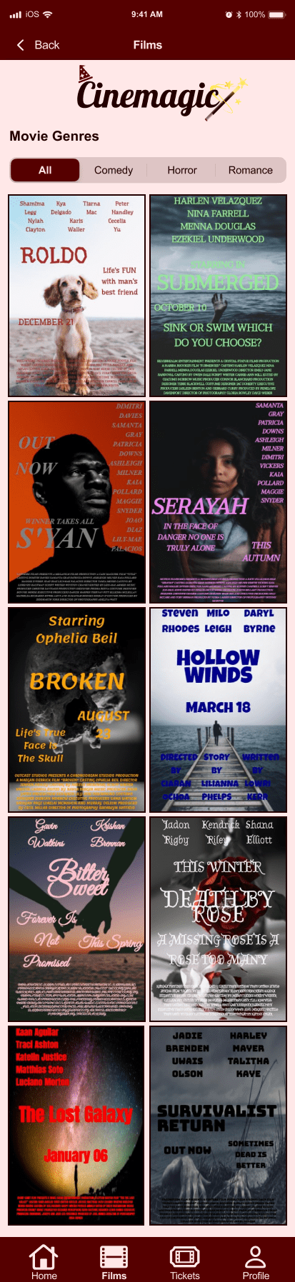 Cinemagic 'ios-films' hi fidelity wireframe.