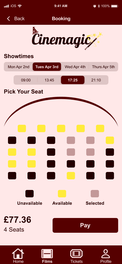 Cinemagic 'ios-booking' hi fidelity wireframe.