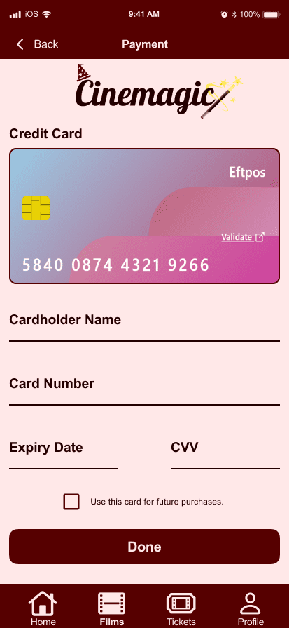 Cinemagic 'ios-card-payment' hi fidelity wireframe.