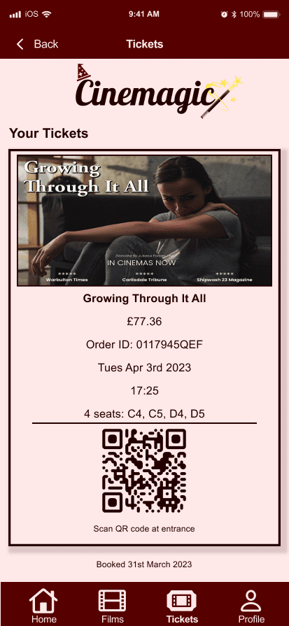 Cinemagic 'ios-tickets' hi fidelity wireframe.