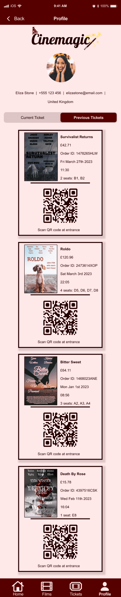 Cinemagic 'ios-profile' hi fidelity wireframe.