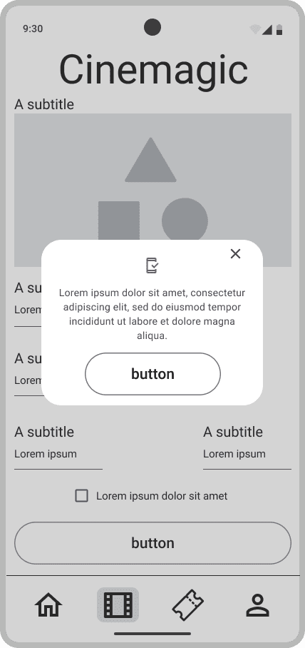 Cinemagic 'android-confirmation-modal' low fidelity wireframe.