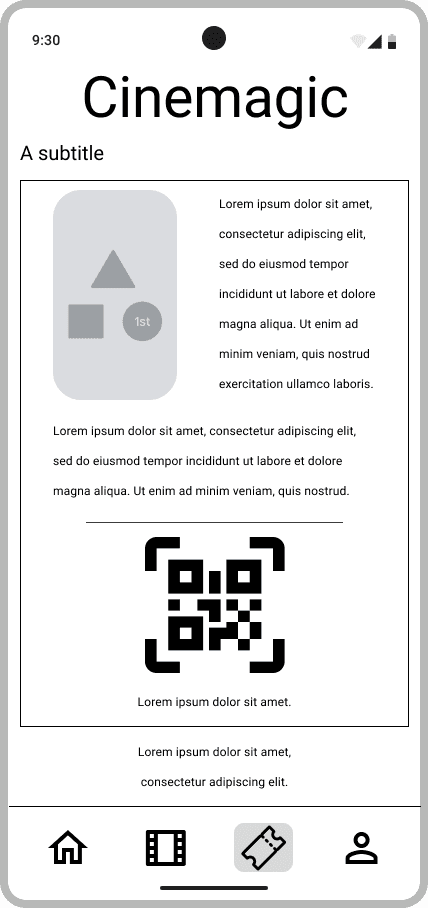 Cinemagic 'android-tickets' low fidelity wireframe.