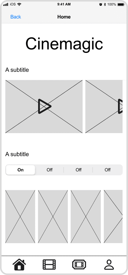 Cinemagic 'ios-home' low fidelity wireframe.