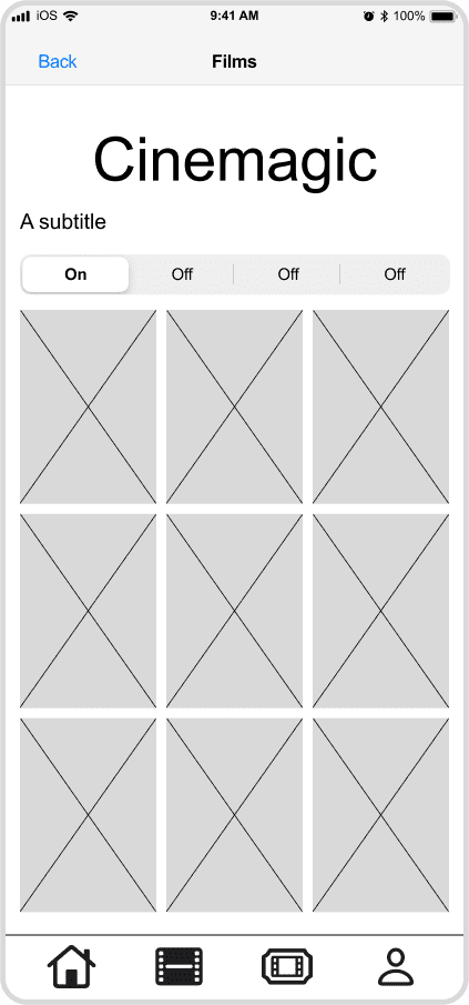 Cinemagic 'ios-films' low fidelity wireframe.