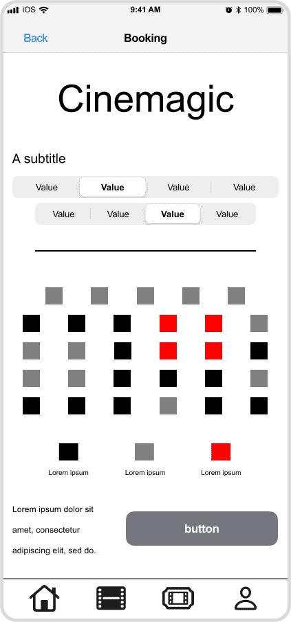Cinemagic 'ios-booking' low fidelity wireframe.