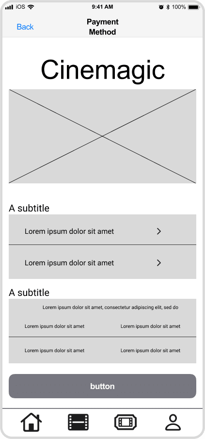 Cinemagic 'ios-payment-method' low fidelity wireframe.