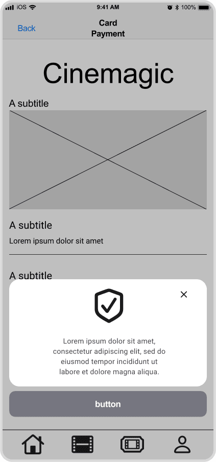 Cinemagic 'ios-confirmation-modal' low fidelity wireframe.