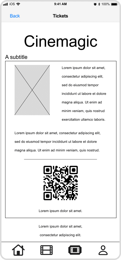 Cinemagic 'ios-tickets' low fidelity wireframe.