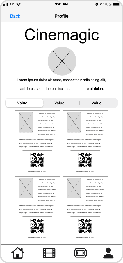 Cinemagic 'ios-profile' low fidelity wireframe.