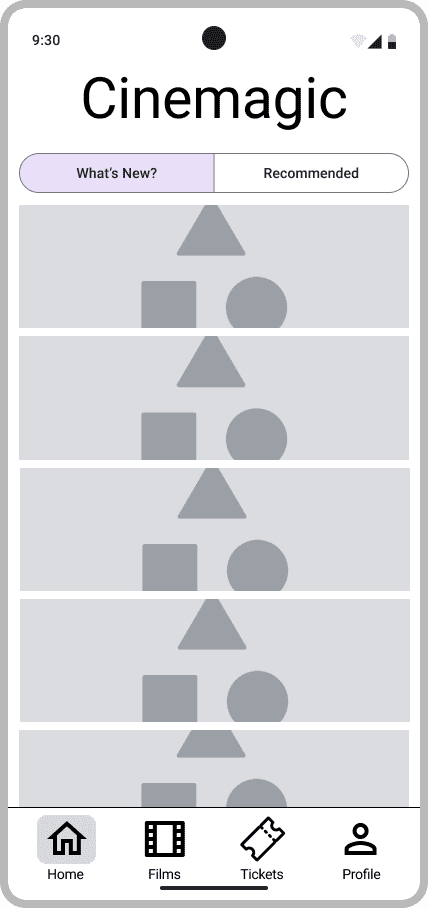 Cinemagic 'android-home' mid fidelity wireframe.