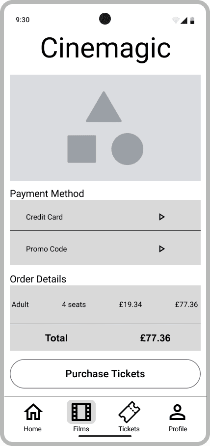 Cinemagic 'android-payment-method' mid fidelity wireframe.