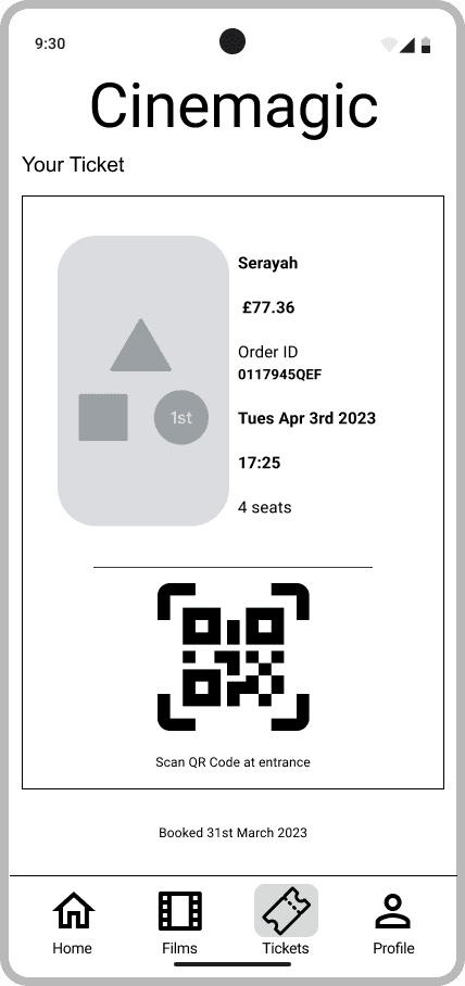 Cinemagic 'android-tickets' mid fidelity wireframe.