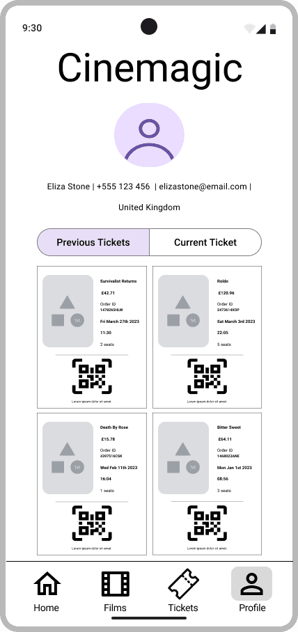 Cinemagic 'android-profile' mid fidelity wireframe.