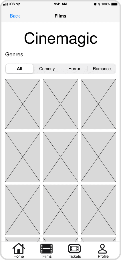Cinemagic 'ios-films' mid fidelity wireframe.