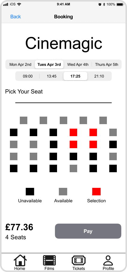 Cinemagic 'ios-booking' mid fidelity wireframe.