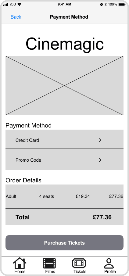Cinemagic 'ios-payment-method' mid fidelity wireframe.