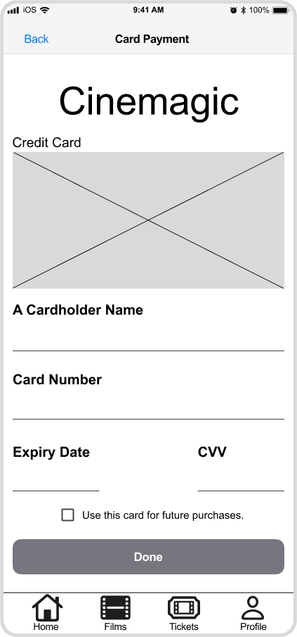 Cinemagic 'ios-card-payment' mid fidelity wireframe.