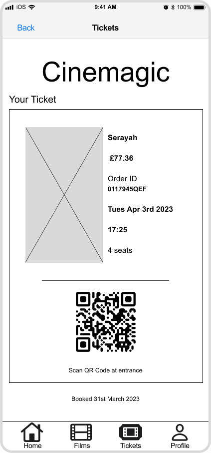 Cinemagic 'ios-tickets' mid fidelity wireframe.
