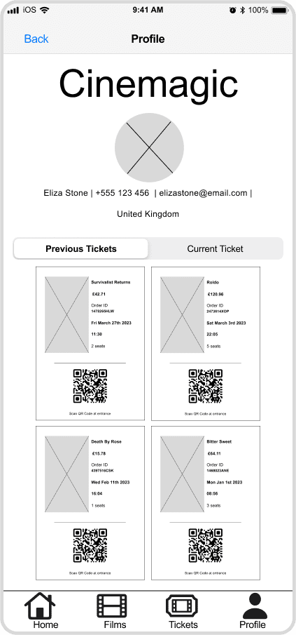 Cinemagic 'ios-profile' mid fidelity wireframe.