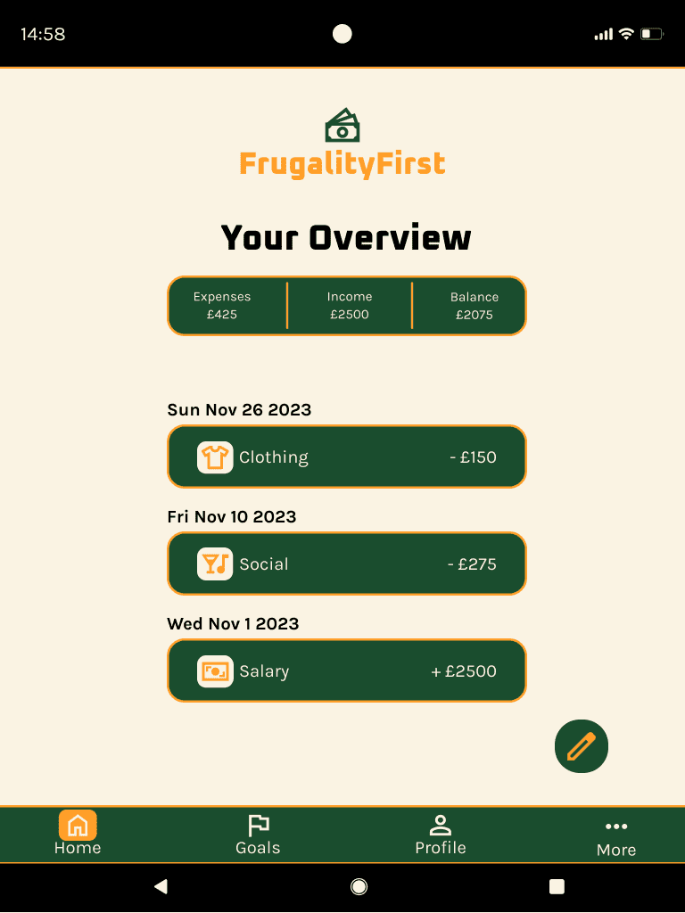 FrugalityFirst 'home tablet' mid fidelity wireframe.
