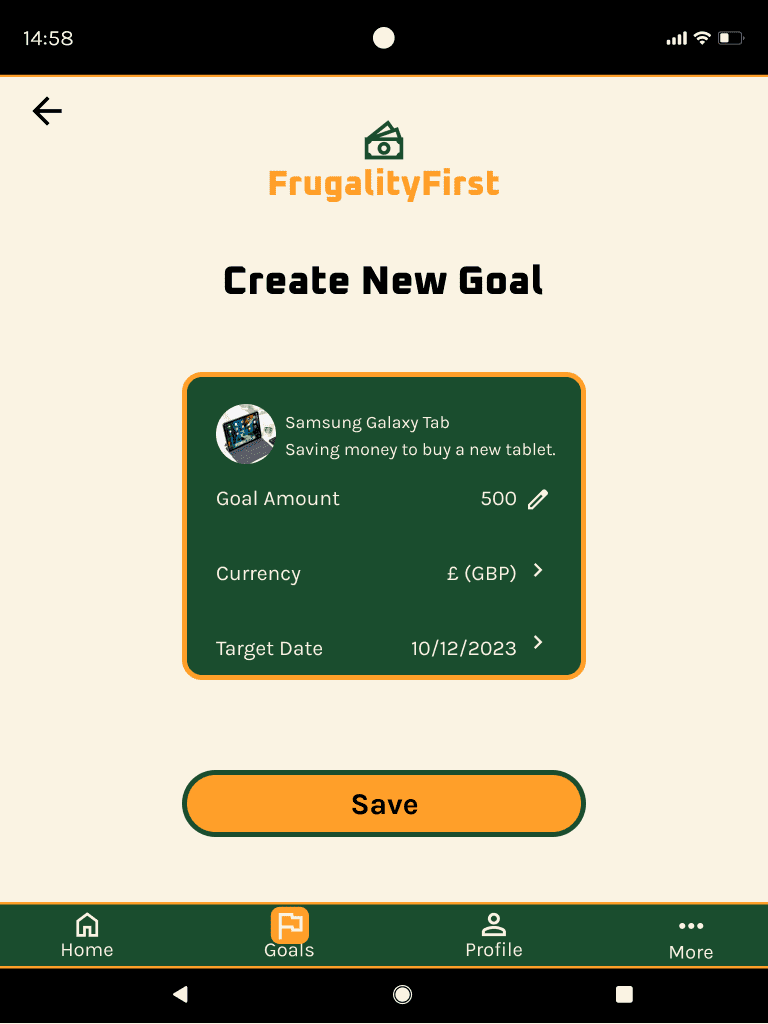 FrugalityFirst 'create new goal (filled) tablet' mid fidelity wireframe.
