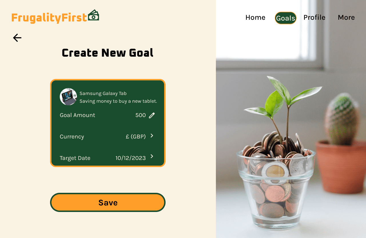FrugalityFirst 'create new goal (filled) laptop' mid fidelity wireframe.