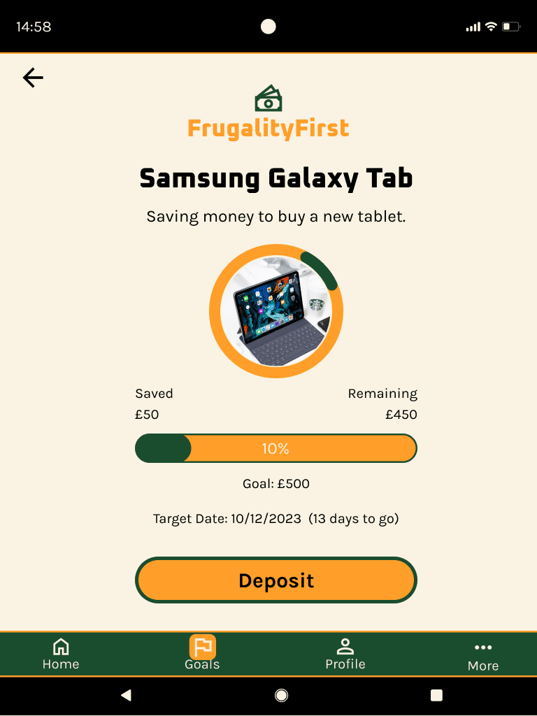 FrugalityFirst 'specific goal (filled) tablet' mid fidelity wireframe.
