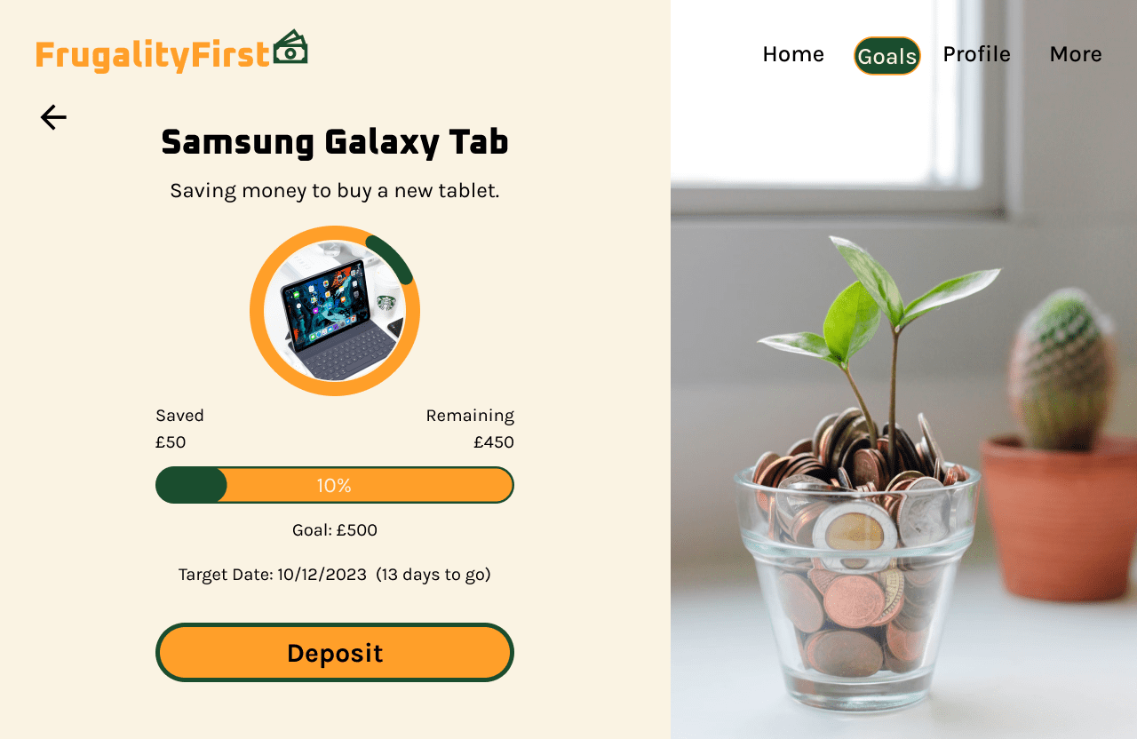 FrugalityFirst 'specific goal (filled) laptop' mid fidelity wireframe.