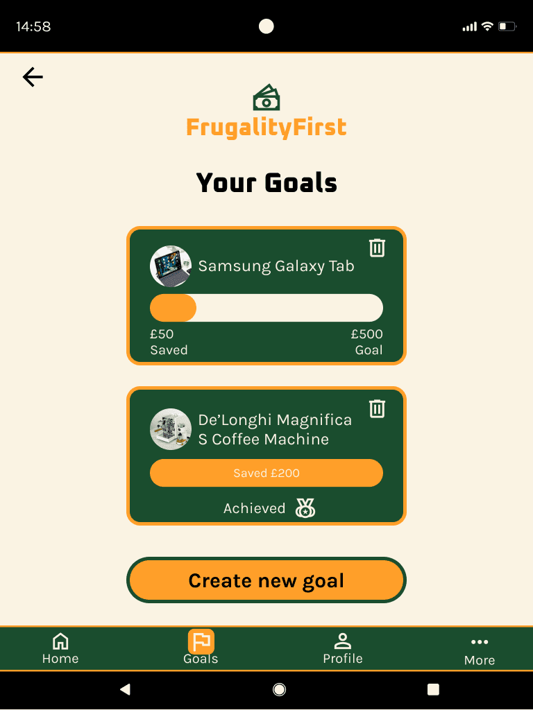 FrugalityFirst 'your goals (filled) tablet' mid fidelity wireframe.