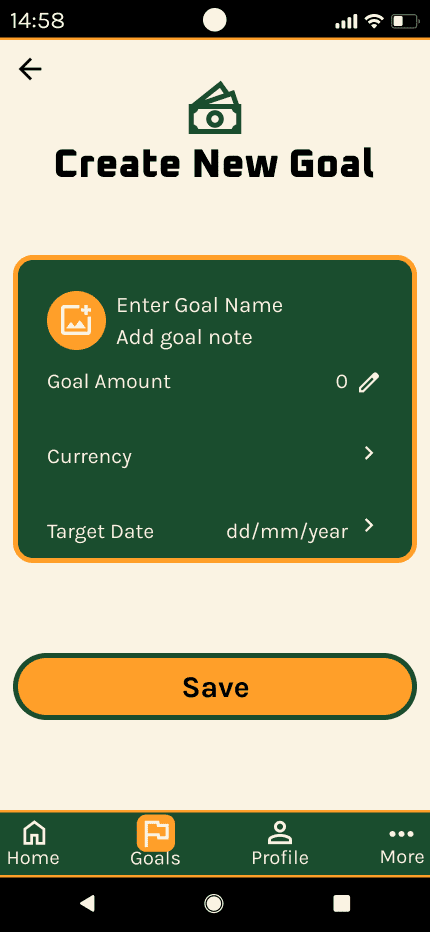 FrugalityFirst 'create new goal empty' mid fidelity wireframe.