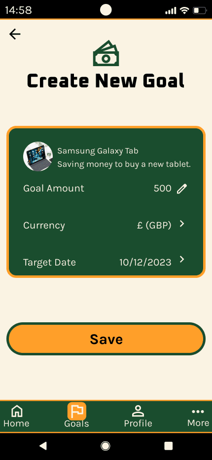 FrugalityFirst 'create new goal filled' mid fidelity wireframe.