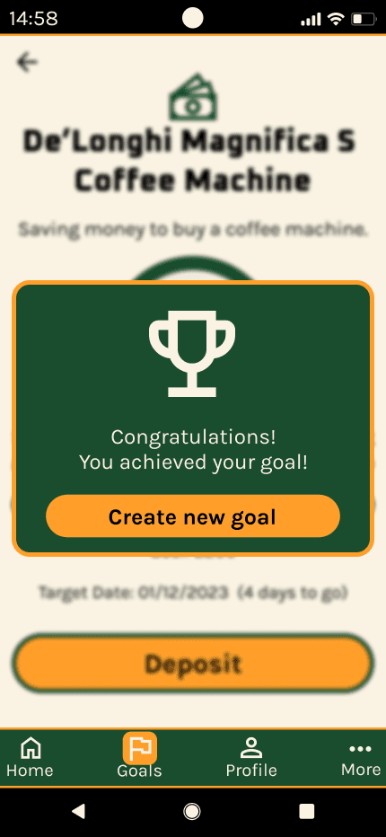 FrugalityFirst 'specific goal achieved' mid fidelity wireframe.
