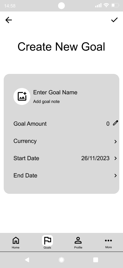 FrugalityFirst 'create new goal default' mid fidelity wireframe.
