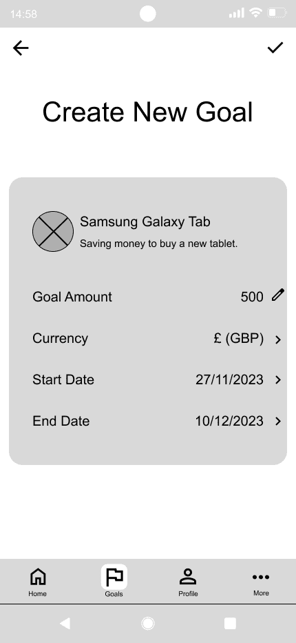 FrugalityFirst 'create new goal custom filled' mid fidelity wireframe.