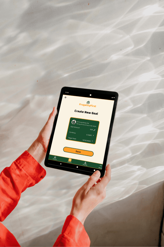 FrugalityFirst 'create new goal (filled) tablet' mockup