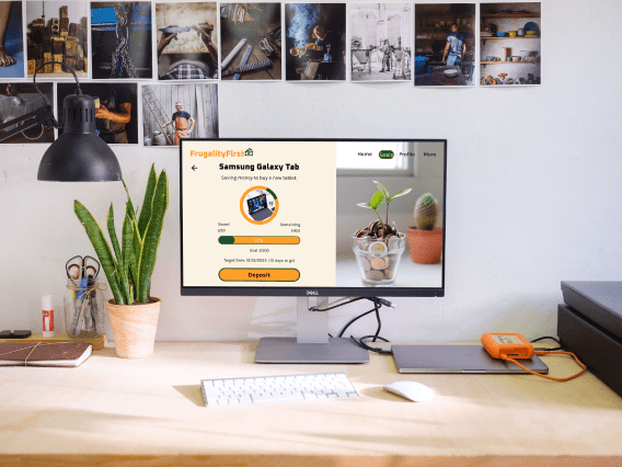 FrugalityFirst 'specific goal (filled) laptop' mockup