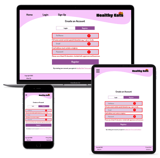 Healthy Eats '10 signup error' hi fidelity wireframe.
