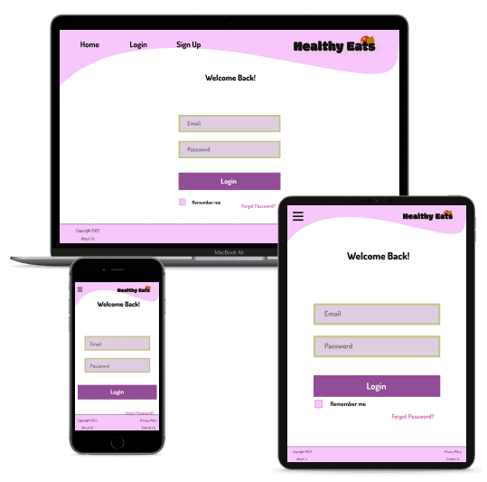 Healthy Eats 'login' hi fidelity wireframe.