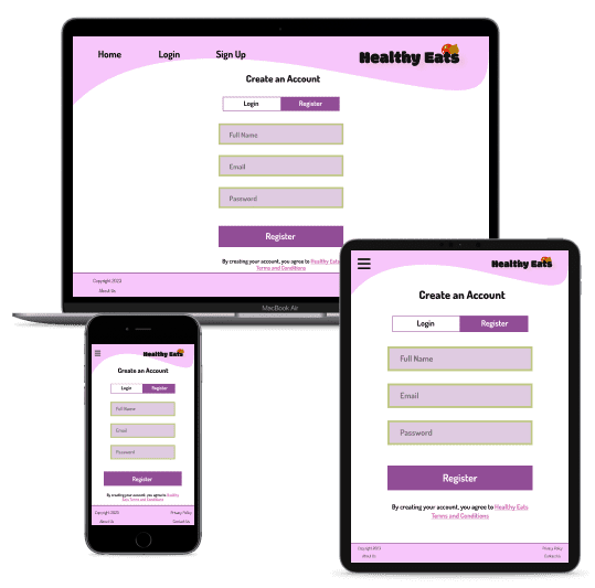 Healthy Eats 'signup' hi fidelity wireframe.