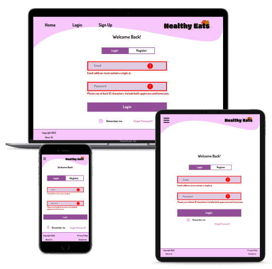 Healthy Eats 'login error' hi fidelity wireframe.