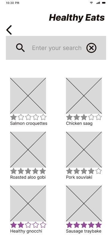 Healthy Eats 'search-results' mid fidelity wireframe.