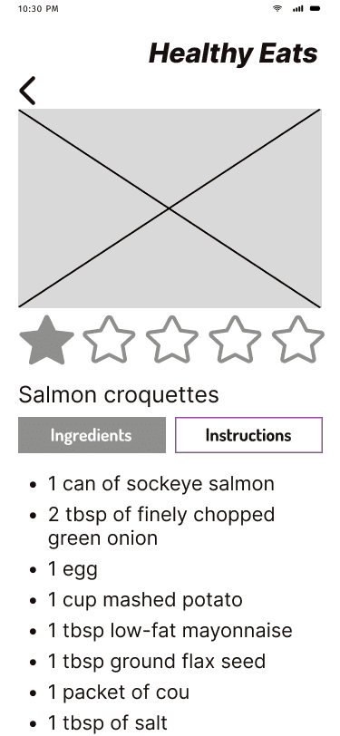 Healthy Eats 'ingredients' mid fidelity wireframe.