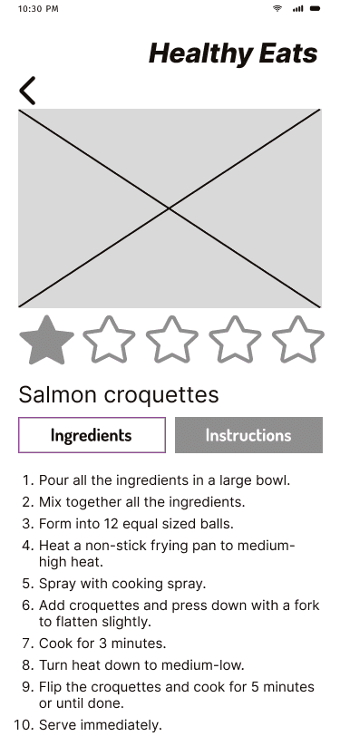 Healthy Eats 'cooking instructions' mid fidelity wireframe.