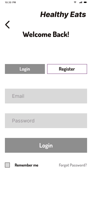 Healthy Eats 'login' mid fidelity wireframe.