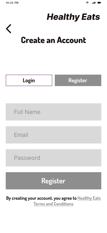 Healthy Eats 'sign up' mid fidelity wireframe.