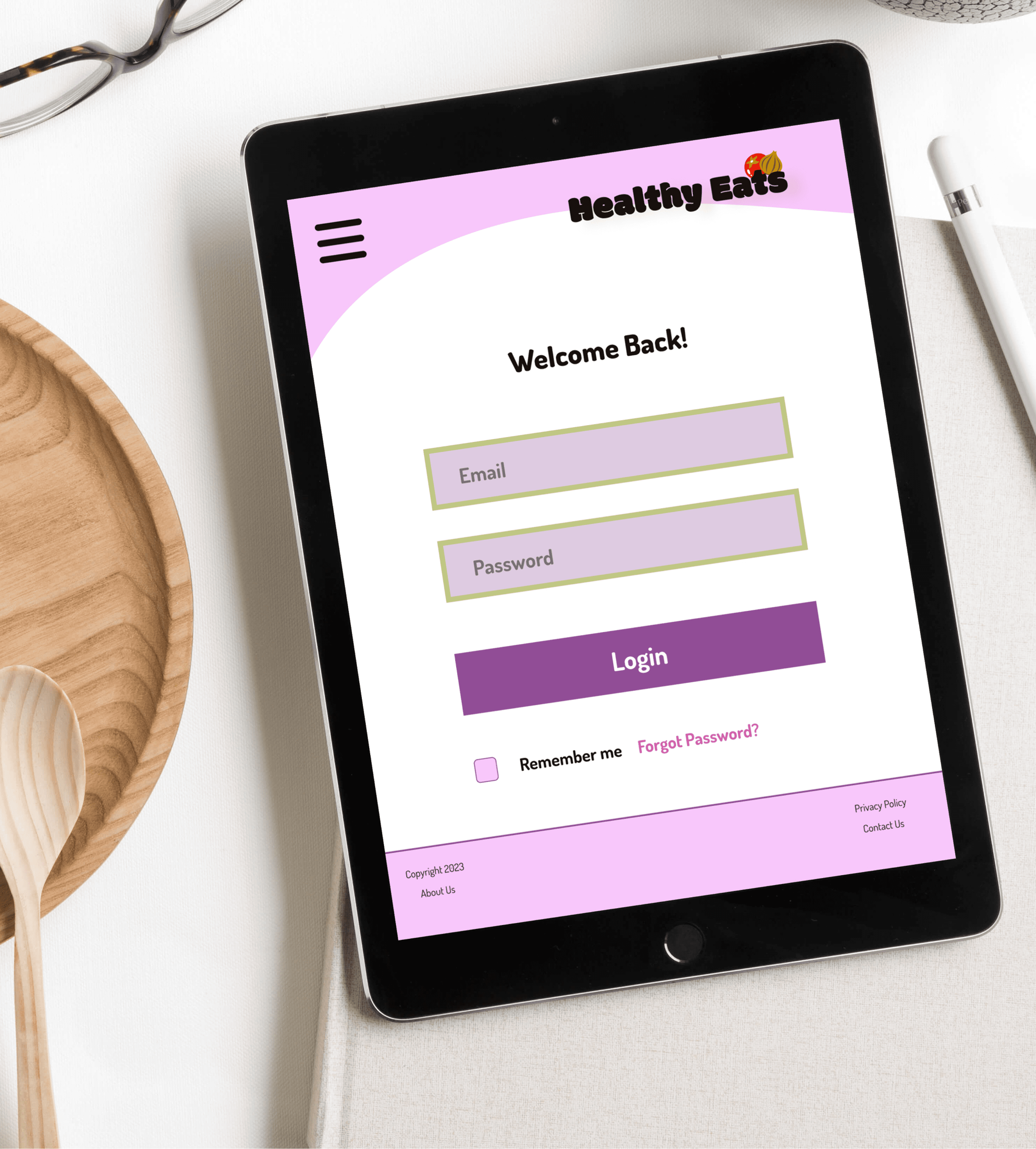>Healthy Eat 'login tablet' mockup
