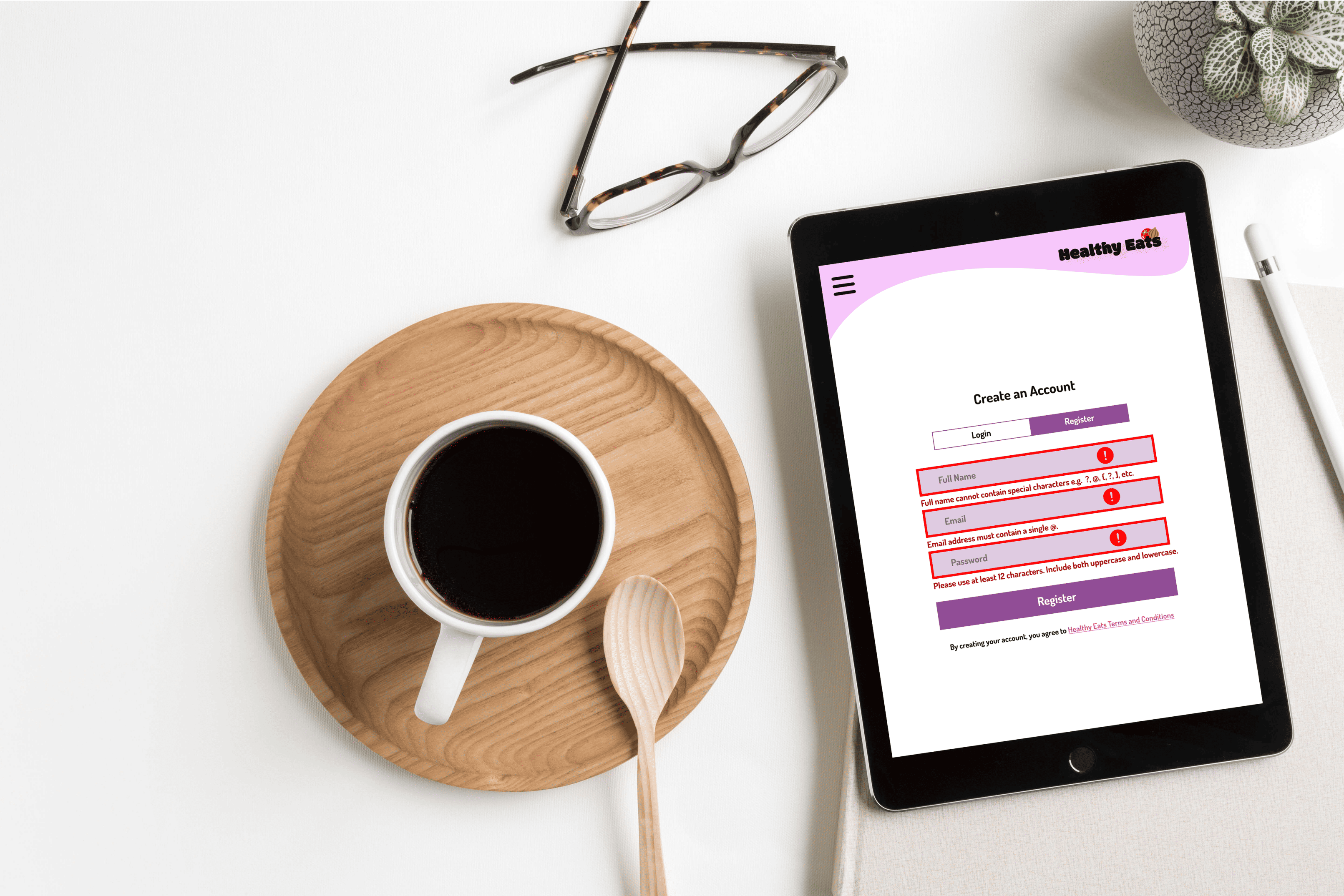 >Healthy Eat 'signup error tablet' mockup